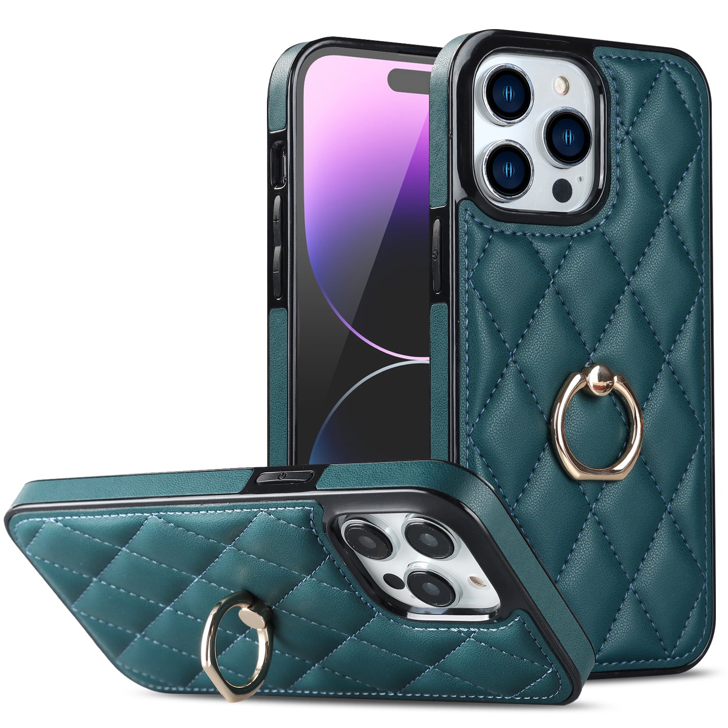 Rotation Ring Kickstand Phone Case for iPhone 14 Pro Max PU Leather TPU Rhombus Grid Pattern Non-Slip Cover