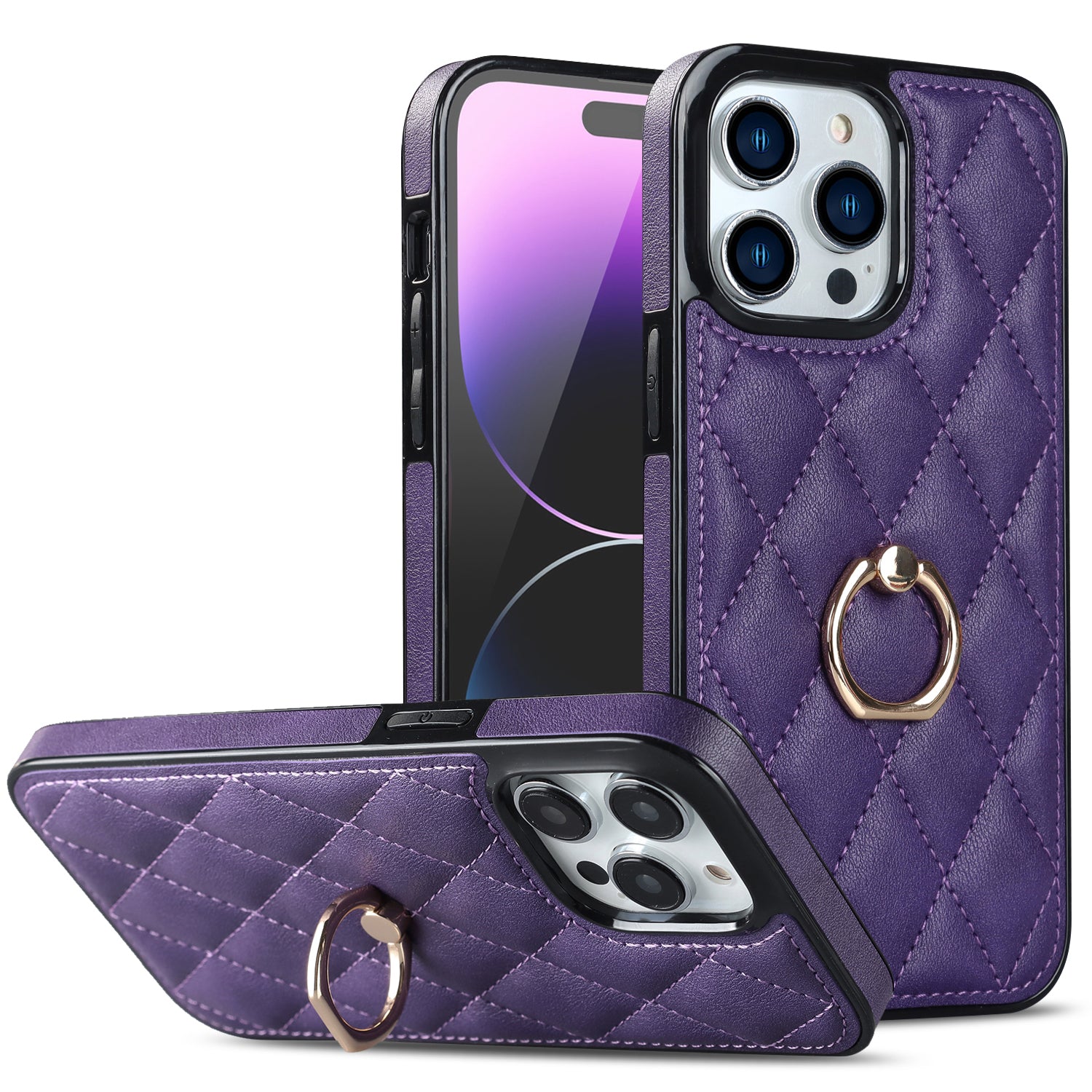Rotation Ring Kickstand Phone Case for iPhone 14 Pro Max PU Leather TPU Rhombus Grid Pattern Non-Slip Cover