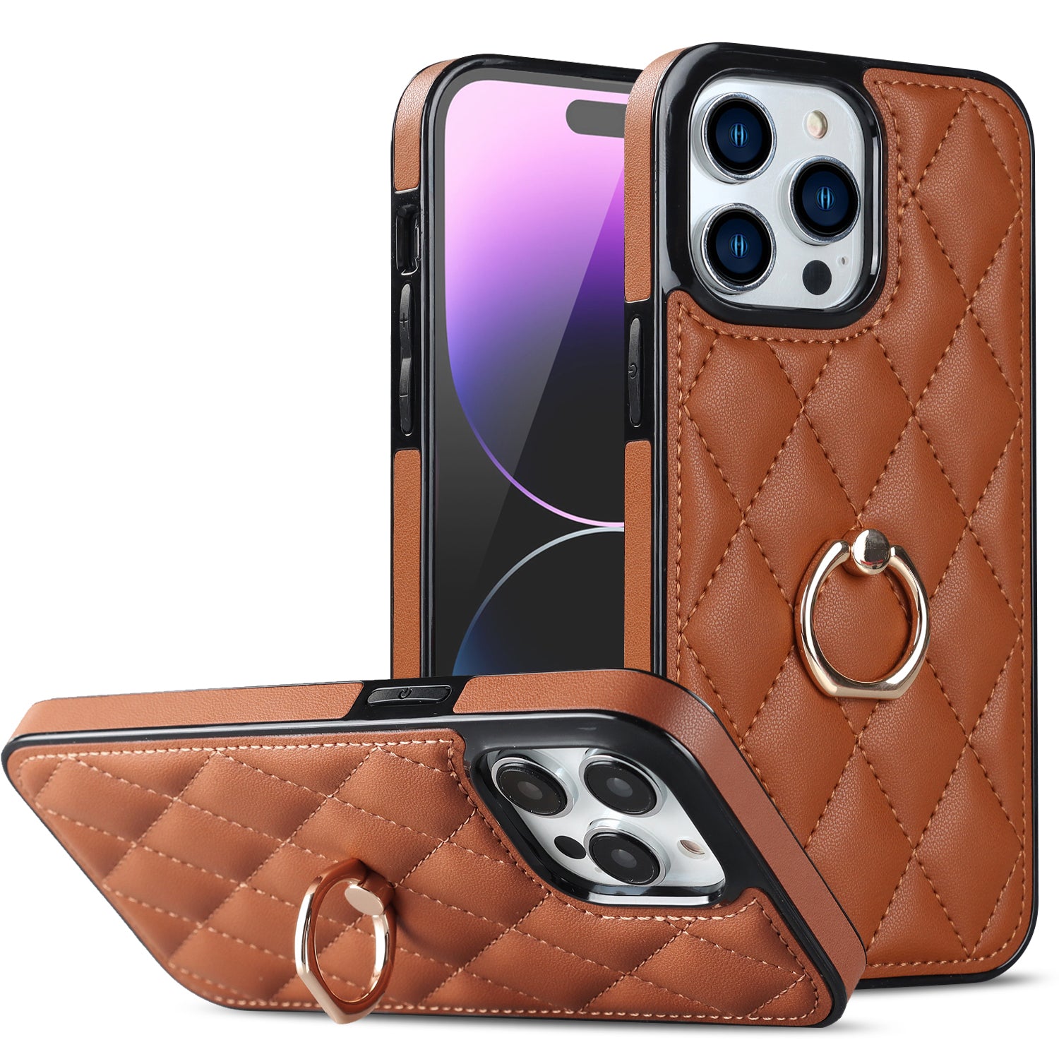 Rotation Ring Kickstand Phone Case for iPhone 14 Pro Max PU Leather TPU Rhombus Grid Pattern Non-Slip Cover