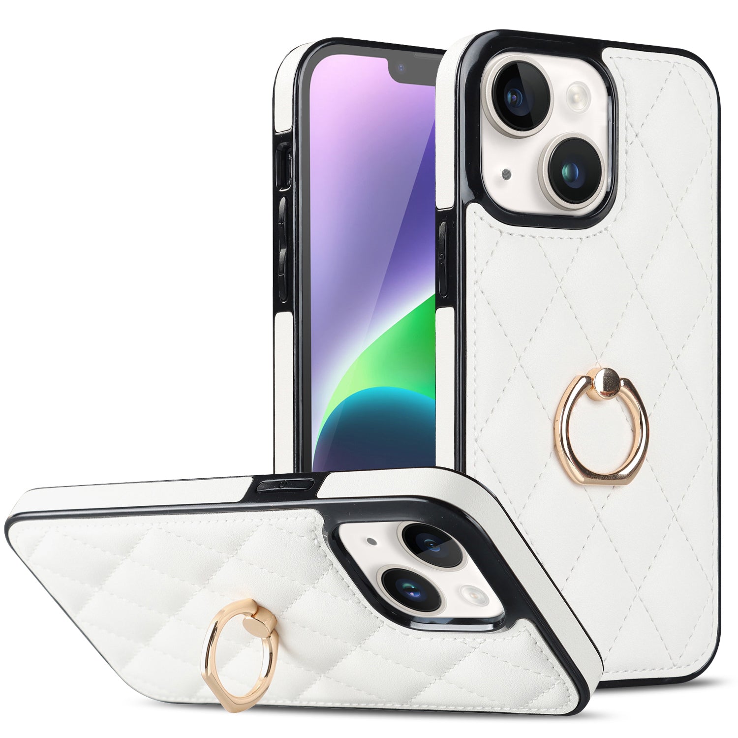 For iPhone 14 Plus Ring Holder Kickstand PU Leather TPU Phone Case Rhombus Grid Pattern Imprinted Non-Slip Protective Cover