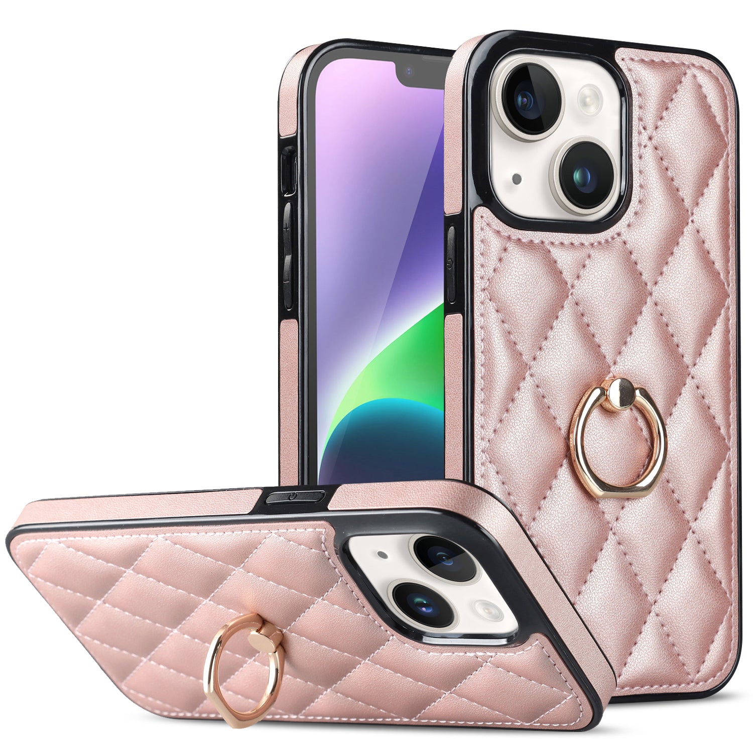 For iPhone 14 Plus Ring Holder Kickstand PU Leather TPU Phone Case Rhombus Grid Pattern Imprinted Non-Slip Protective Cover