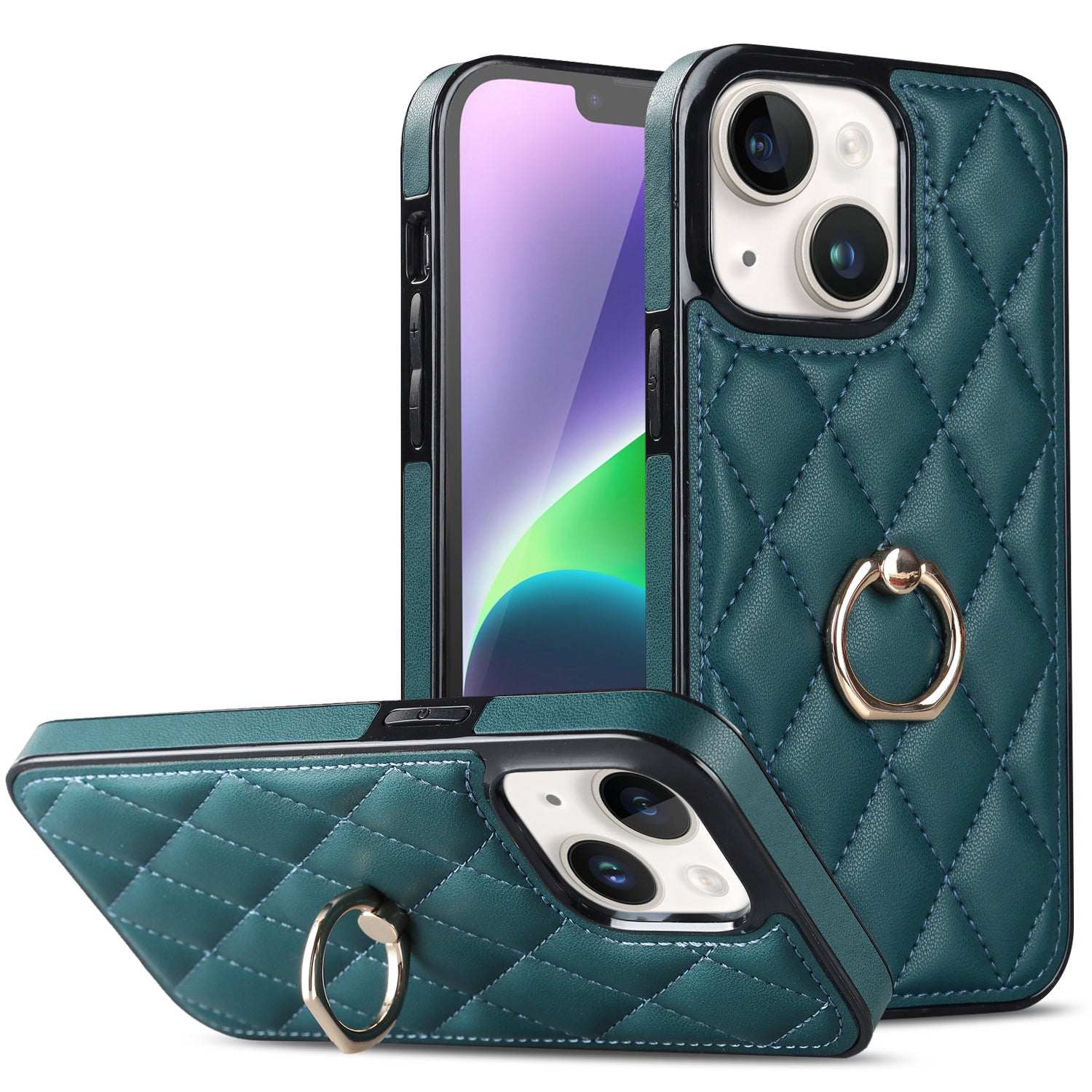 For iPhone 14 Plus Ring Holder Kickstand PU Leather TPU Phone Case Rhombus Grid Pattern Imprinted Non-Slip Protective Cover