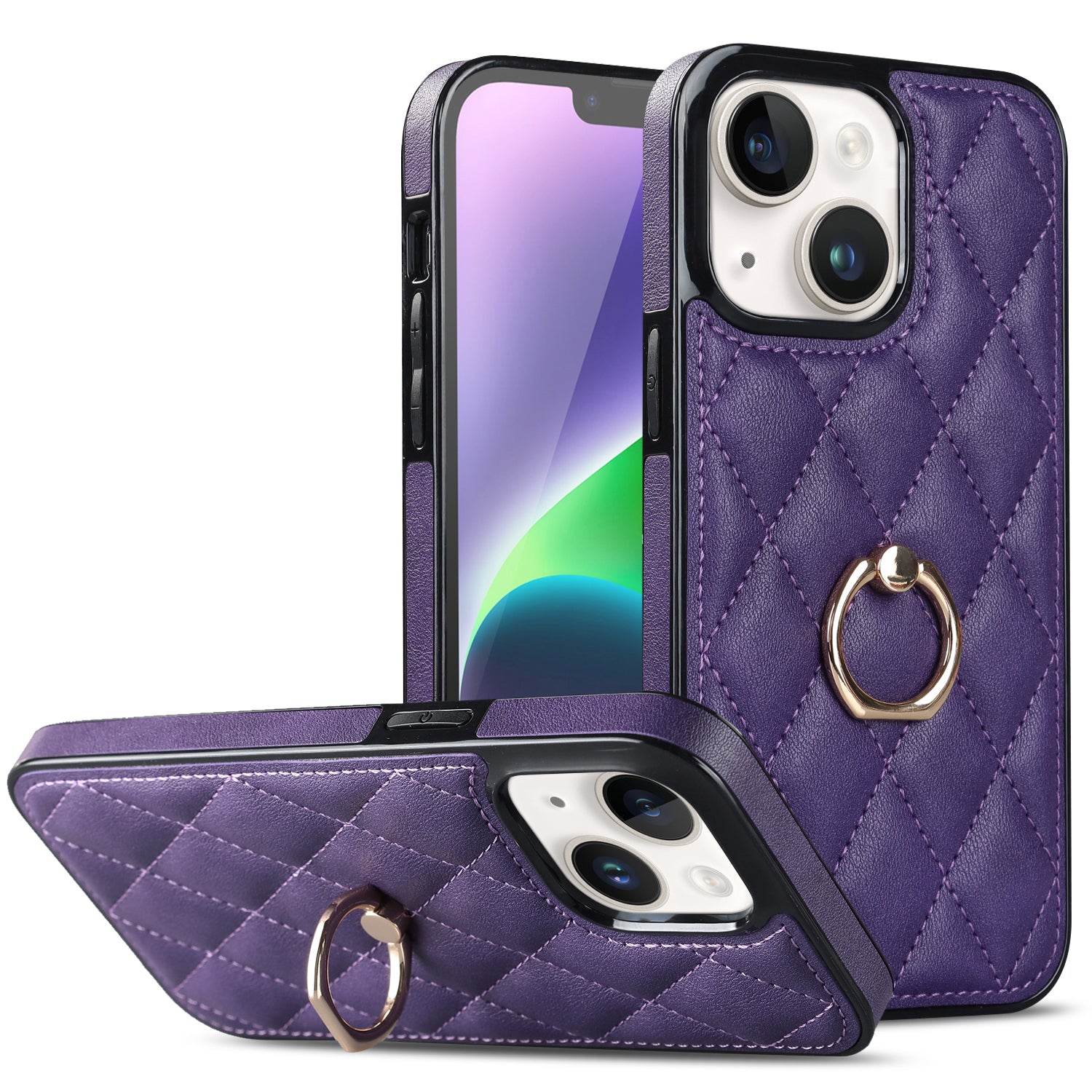 For iPhone 14 Plus Ring Holder Kickstand PU Leather TPU Phone Case Rhombus Grid Pattern Imprinted Non-Slip Protective Cover