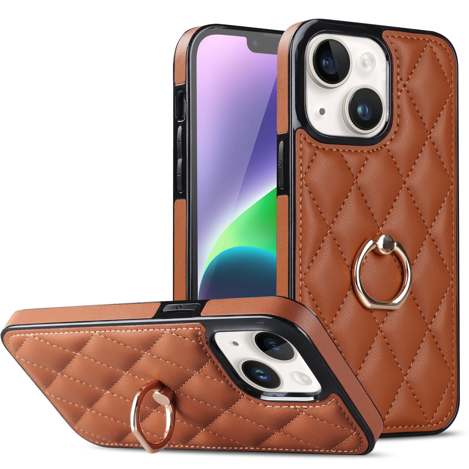 Til iPhone 14 Plus Ringholder Kickstand PU Læder + TPU telefonetui Rhombus gittermønster præget skridsikkert beskyttelsescover - rød 