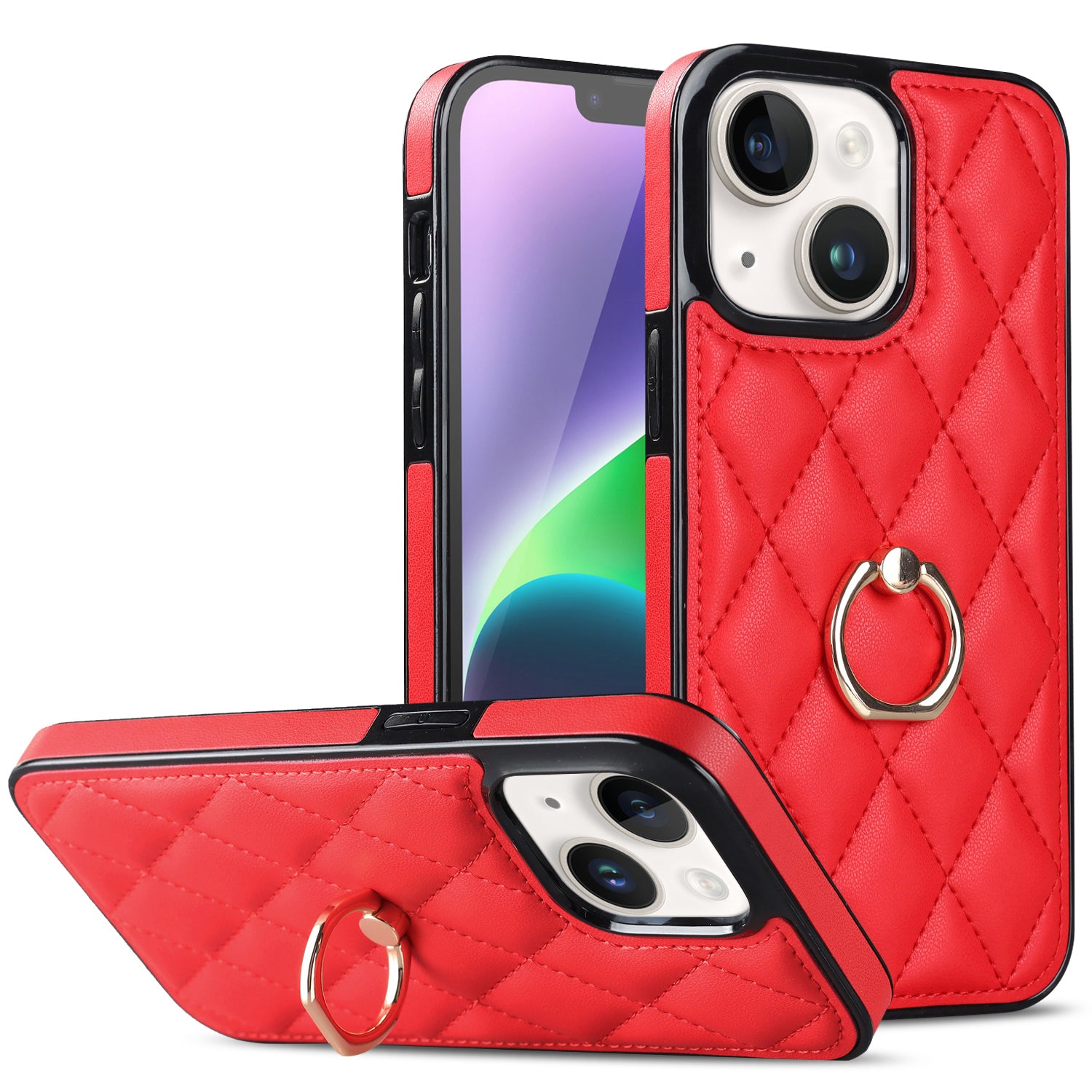 For iPhone 14 Plus Ring Holder Kickstand PU Leather TPU Phone Case Rhombus Grid Pattern Imprinted Non-Slip Protective Cover