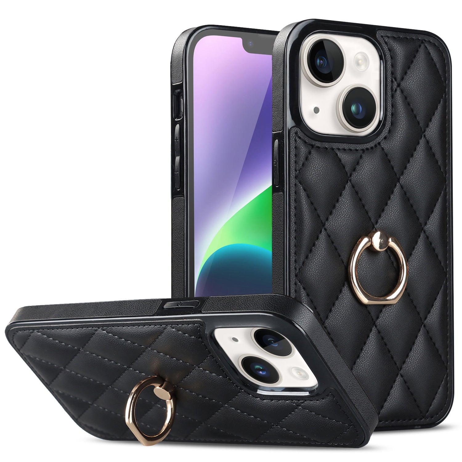 For iPhone 14 PU Leather + TPU Phone Case Imprinted Rhombus Grid Pattern Ring Holder Kickstand Phone Cover - Red