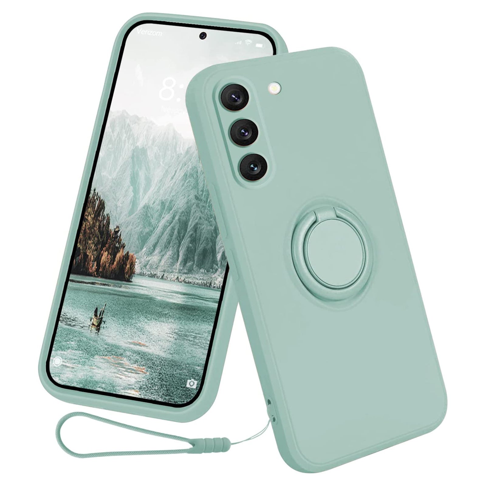 For Samsung Galaxy S23 Protective Phone Case Ring Kickstand Liquid Silicone Phone Cover with Lanyard