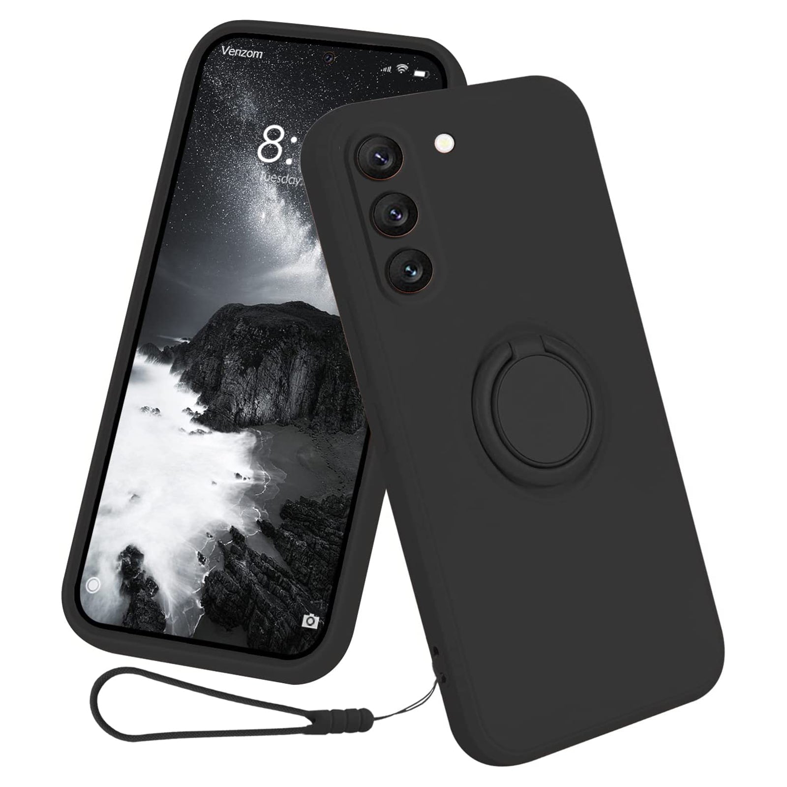 For Samsung Galaxy S23 Protective Phone Case Ring Kickstand Liquid Silicone Phone Cover with Lanyard