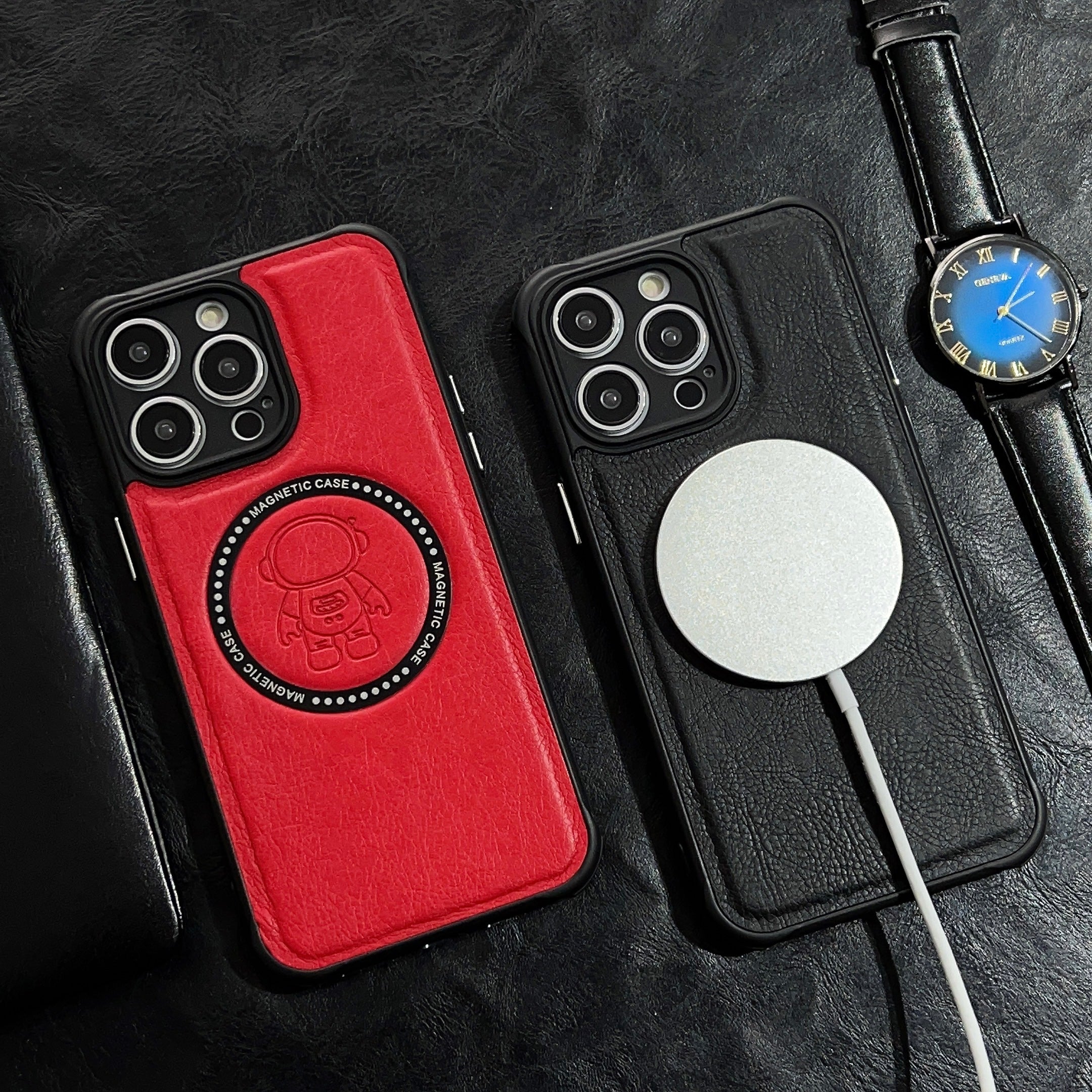 Magnetic Phone Case for iPhone 13 Pro Max 6.7 inch Compatible with MagSafe PU Leather Coated TPU PC Astronaut Pattern Imprinted Cover