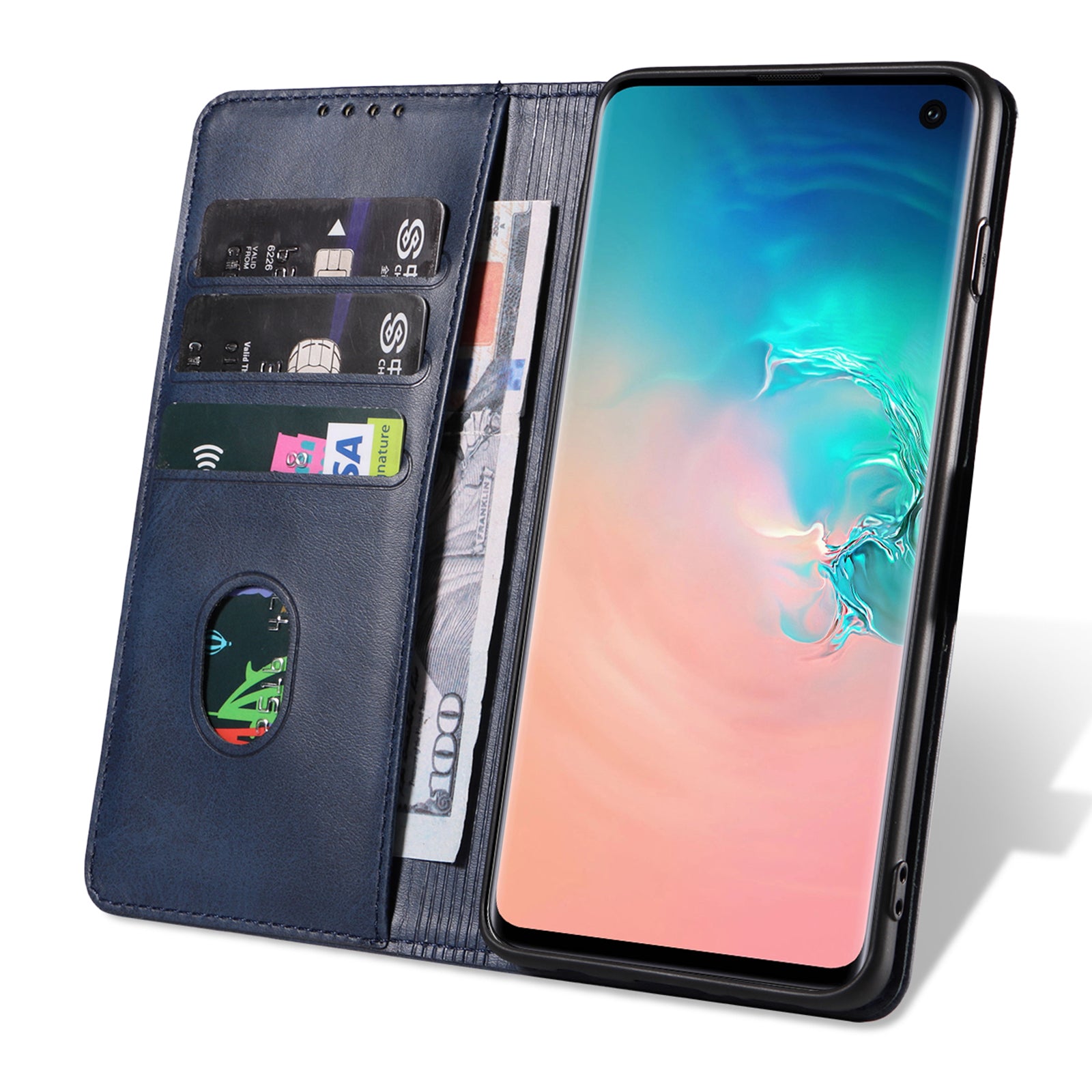 For Samsung Galaxy S10 Calf Texture Wallet Phone Cover Auto-absorbed Magnetic Leather Stand Phone Case