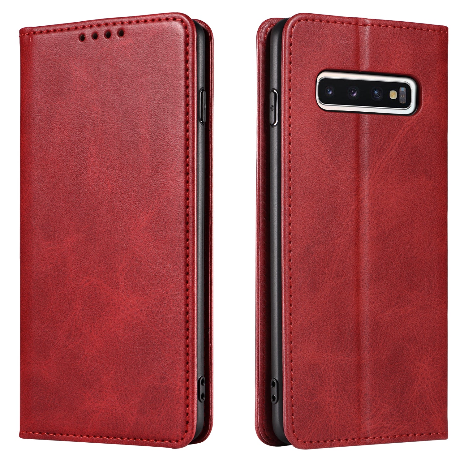 For Samsung Galaxy S10 Calf Texture Wallet Phone Cover Auto-absorbed Magnetic Leather Stand Phone Case