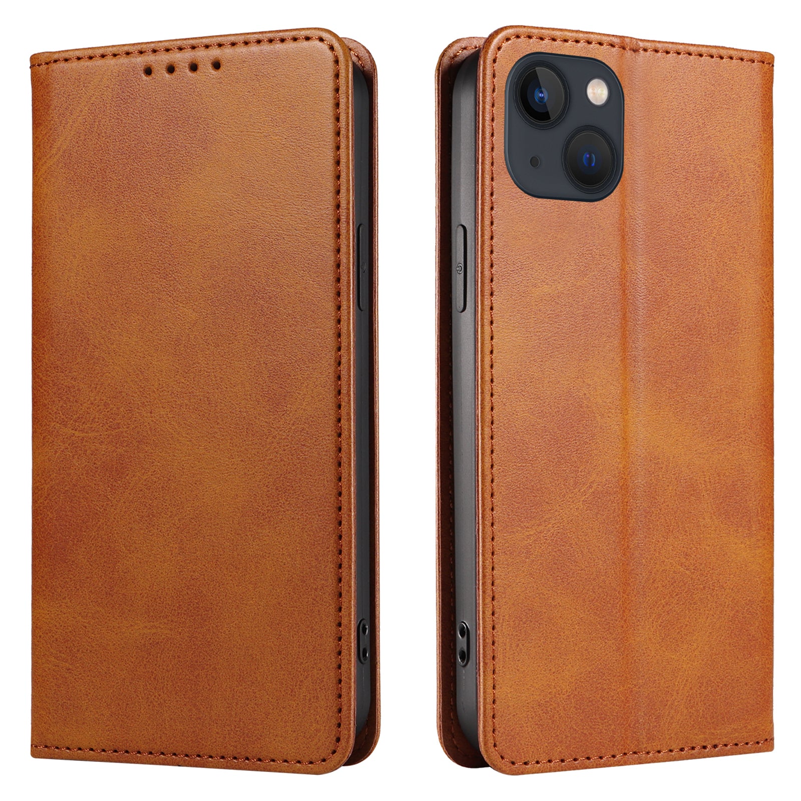 For iPhone 13 6.1 inch Leather Stand Phone Case Calf Texture Wallet Magnetic Cell Phone Cover - Rose Gold