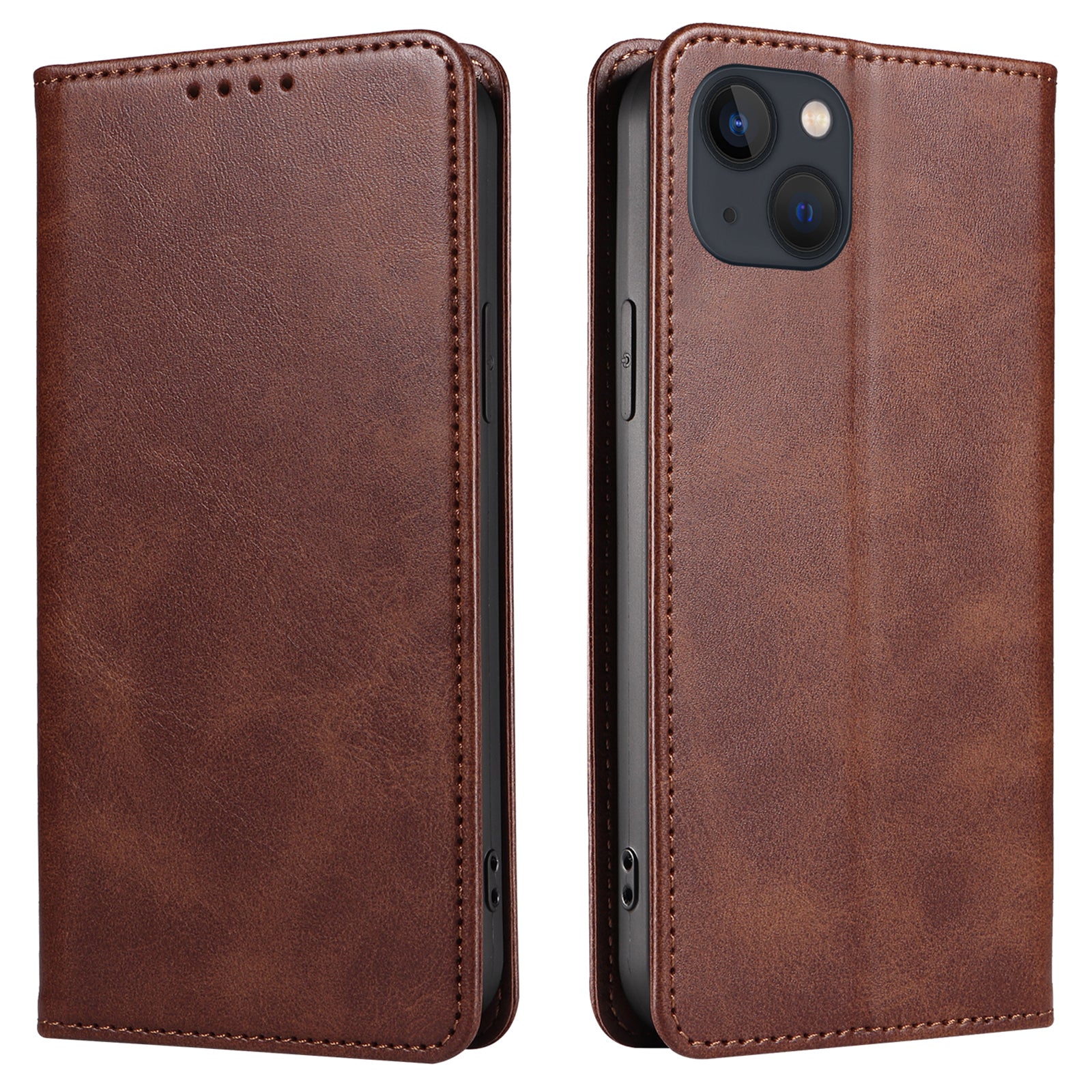 For iPhone 13 6.1 inch Leather Stand Phone Case Calf Texture Wallet Magnetic Cell Phone Cover - Rose Gold