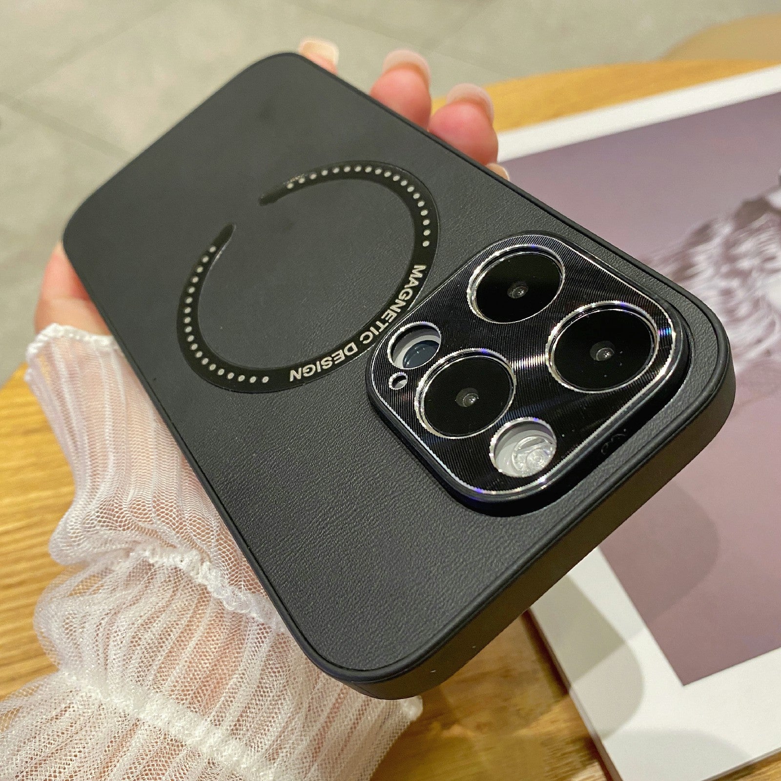 For iPhone 14 Pro Max Magnetic Phone Case Electroplating PU Leather Coated TPU PC Drop-proof Cover