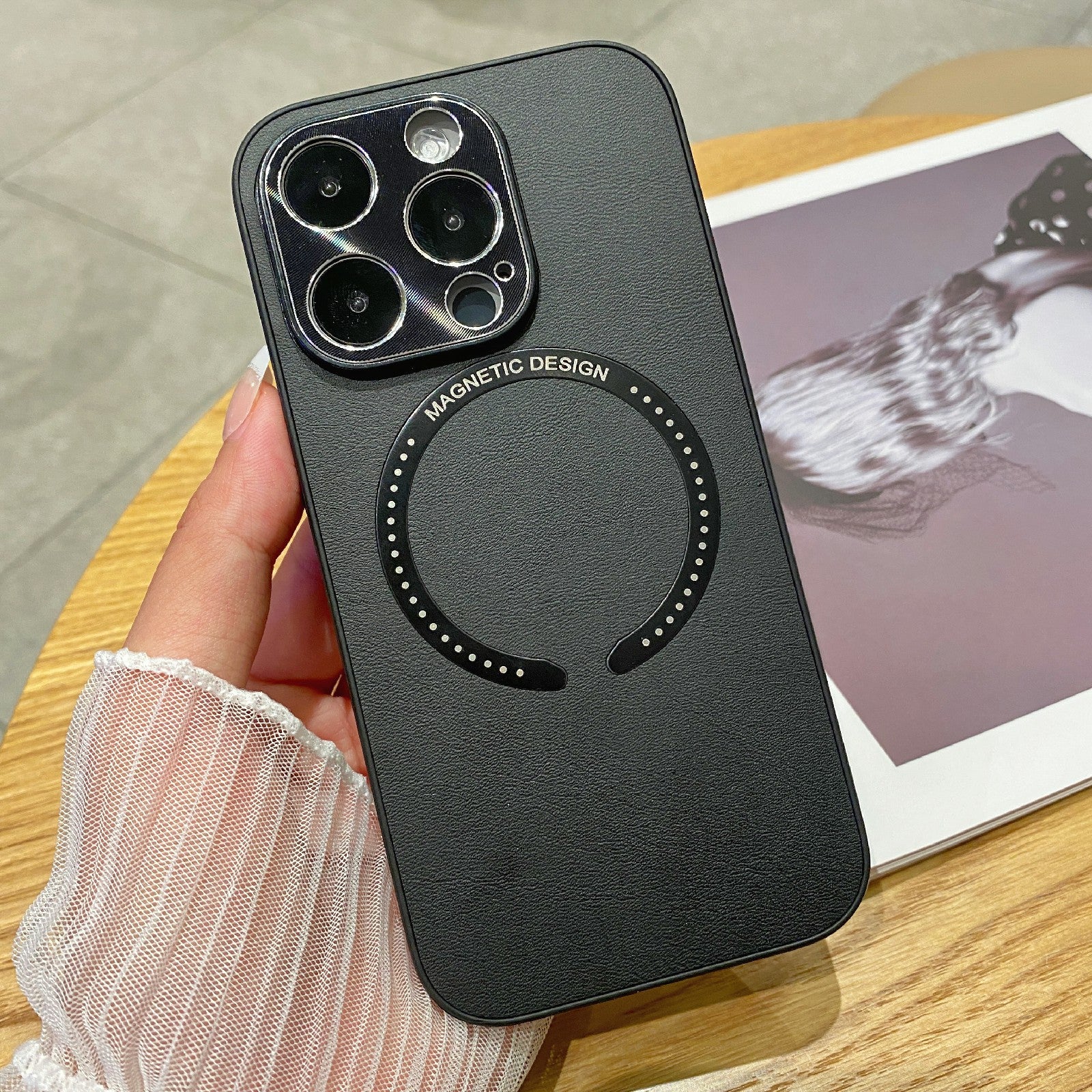 For iPhone 14 Pro Max Magnetic Phone Case Electroplating PU Leather Coated TPU PC Drop-proof Cover