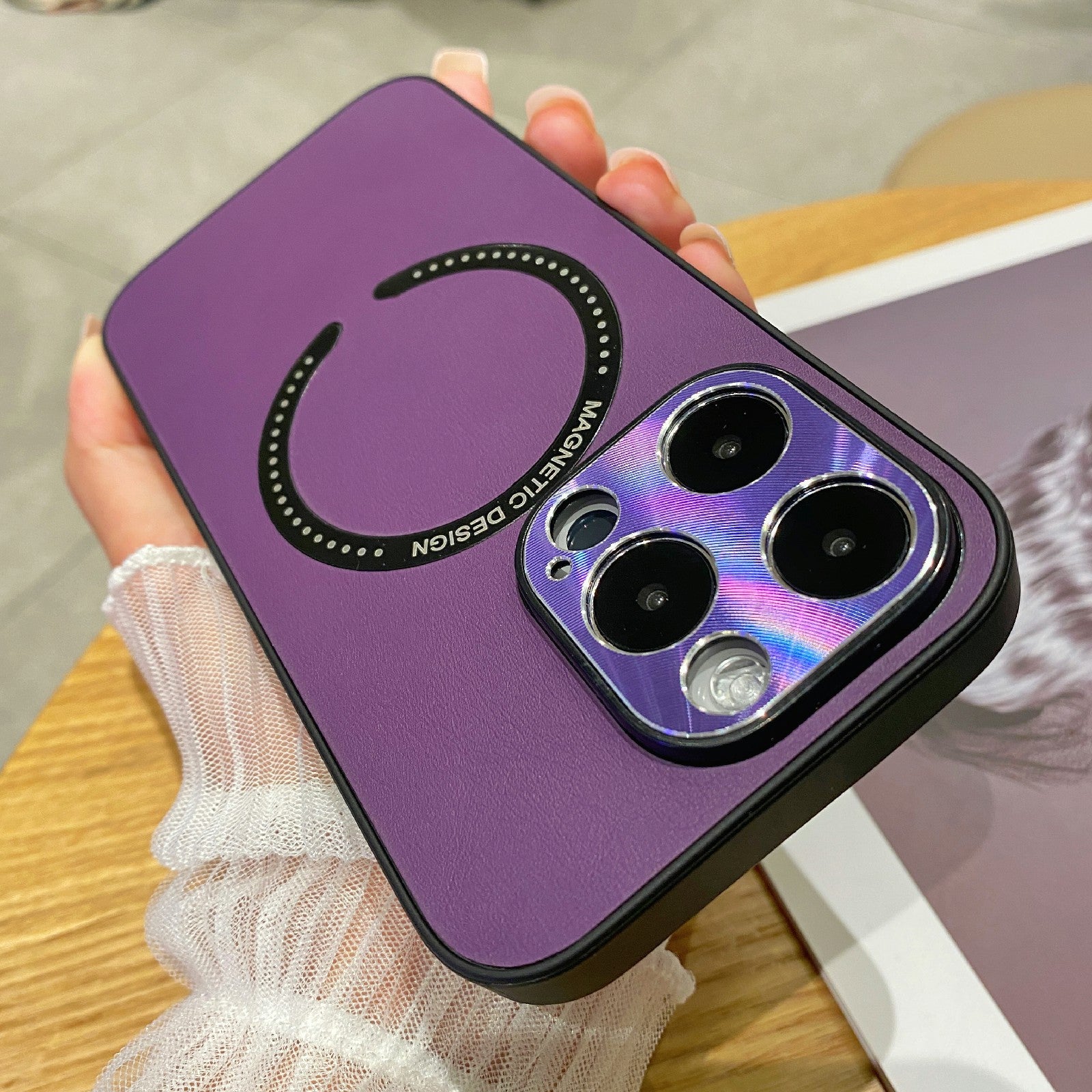 For iPhone 14 Pro Max Magnetic Phone Case Electroplating PU Leather Coated TPU PC Drop-proof Cover