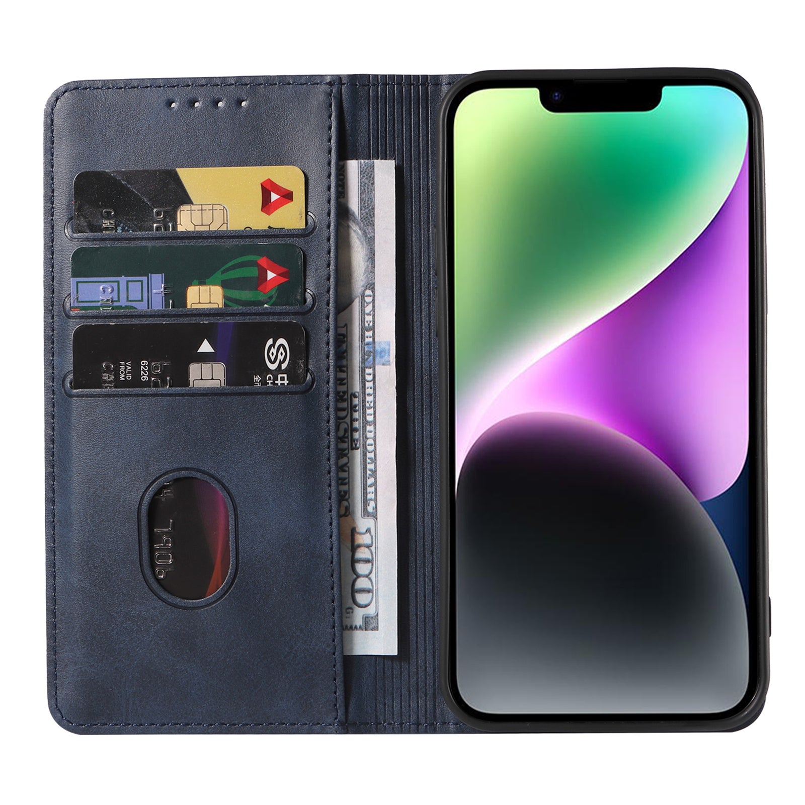 For iPhone 14 Plus Wallet Phone Cover Calf Texture Auto-absorbed Magnetic Leather Stand Phone Case