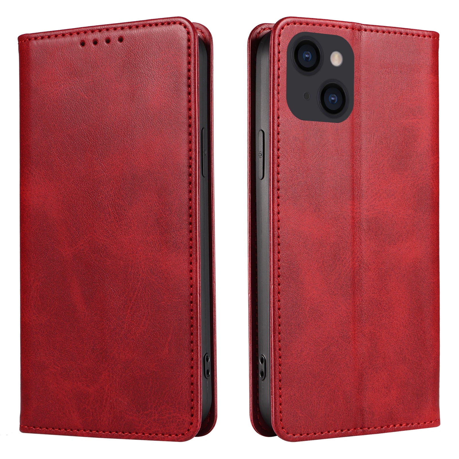 For iPhone 14 Plus Wallet Phone Cover Calf Texture Auto-absorbed Magnetic Leather Stand Phone Case