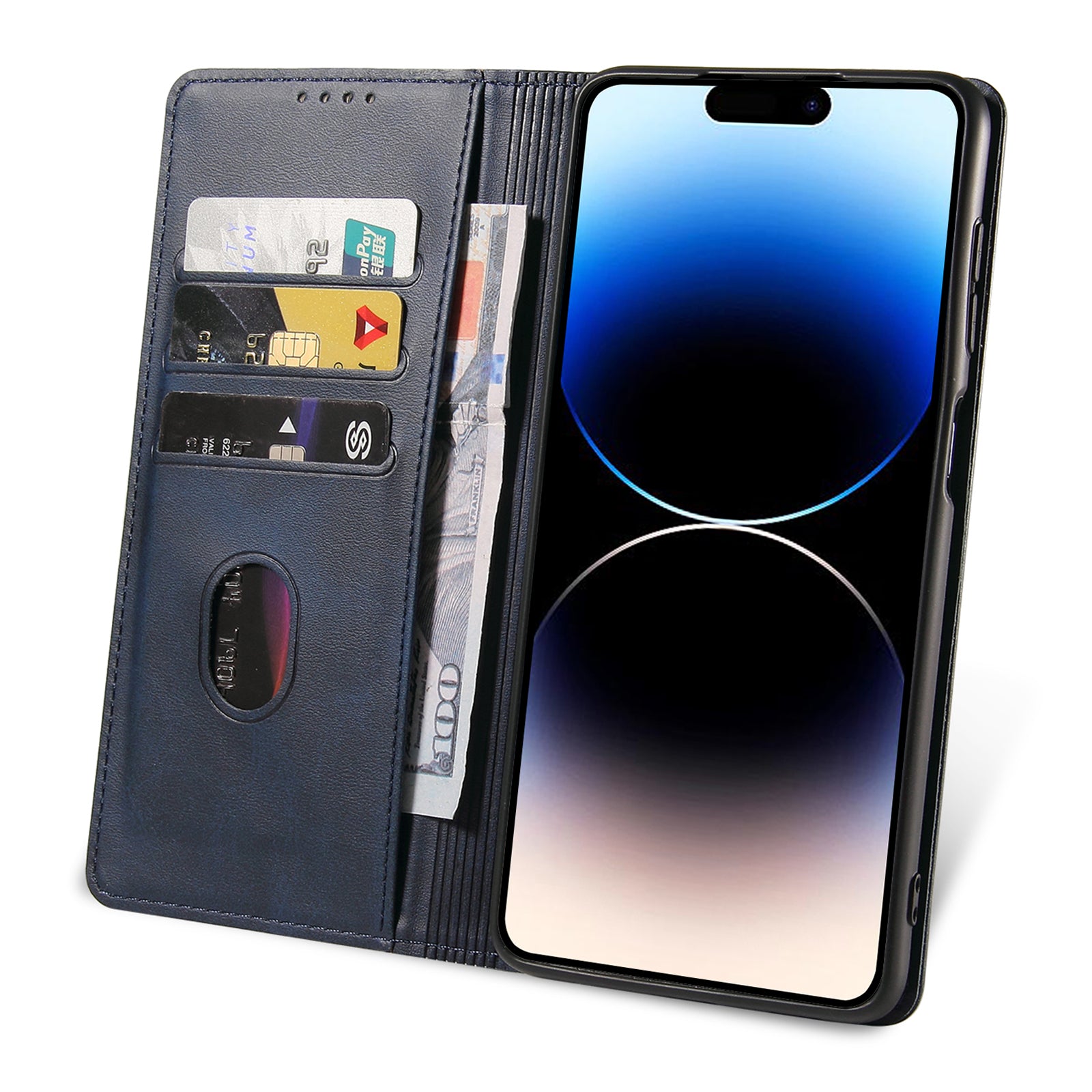 For iPhone 14 Pro Magnetic Leather Phone Case Stand Calf Texture Phone Cover
