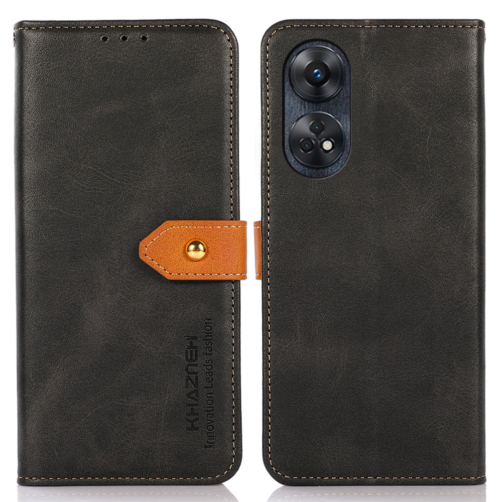 KHAZNEH For Oppo Reno8 T 4G Cowhide Texture Phone Case Gold Button Clasp PU Leather Wallet Cover with Stand