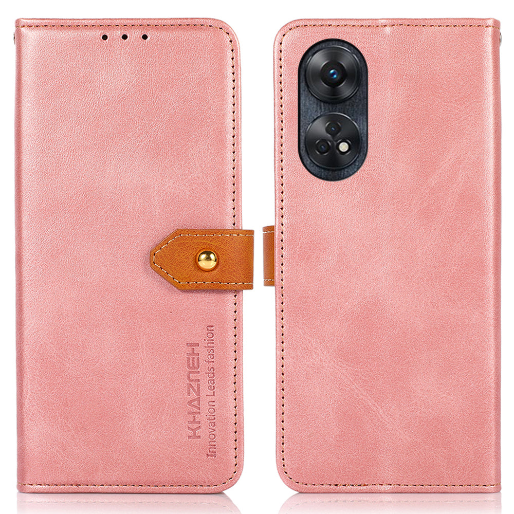 KHAZNEH For Oppo Reno8 T 4G Cowhide Texture Phone Case Gold Button Clasp PU Leather Wallet Cover with Stand