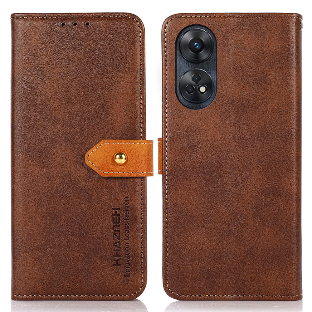 KHAZNEH For Oppo Reno8 T 4G Cowhide Texture Phone Case Gold Button Clasp PU Leather Wallet Cover with Stand