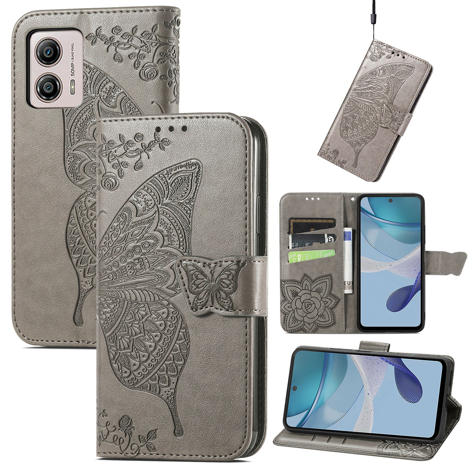 For Motorola Moto G53 5G Butterfly Imprinted PU Leather Stand Phone Case Drop-proof Wallet Cover