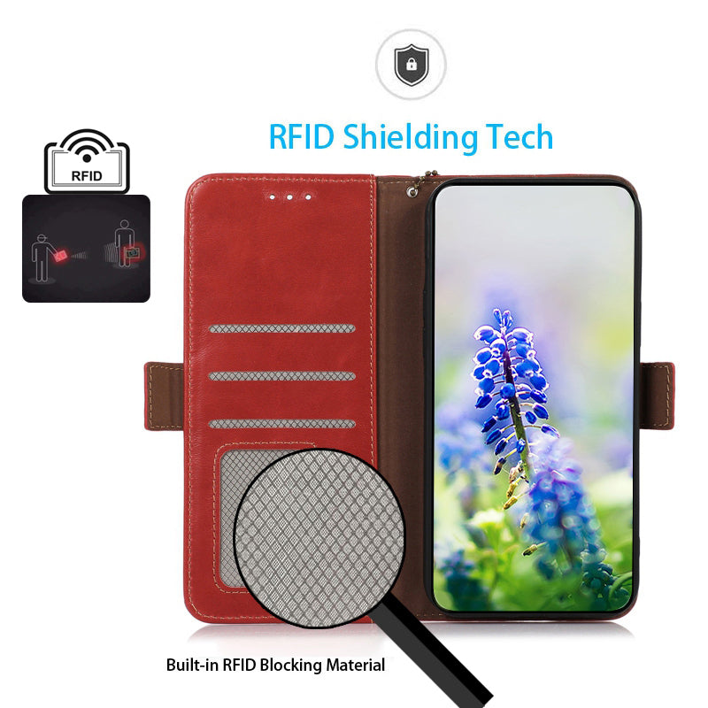 For Oppo Reno8 T 4G RFID Blocking Phone Wallet Case Genuine Cowhide Leather Stand Phone Cover