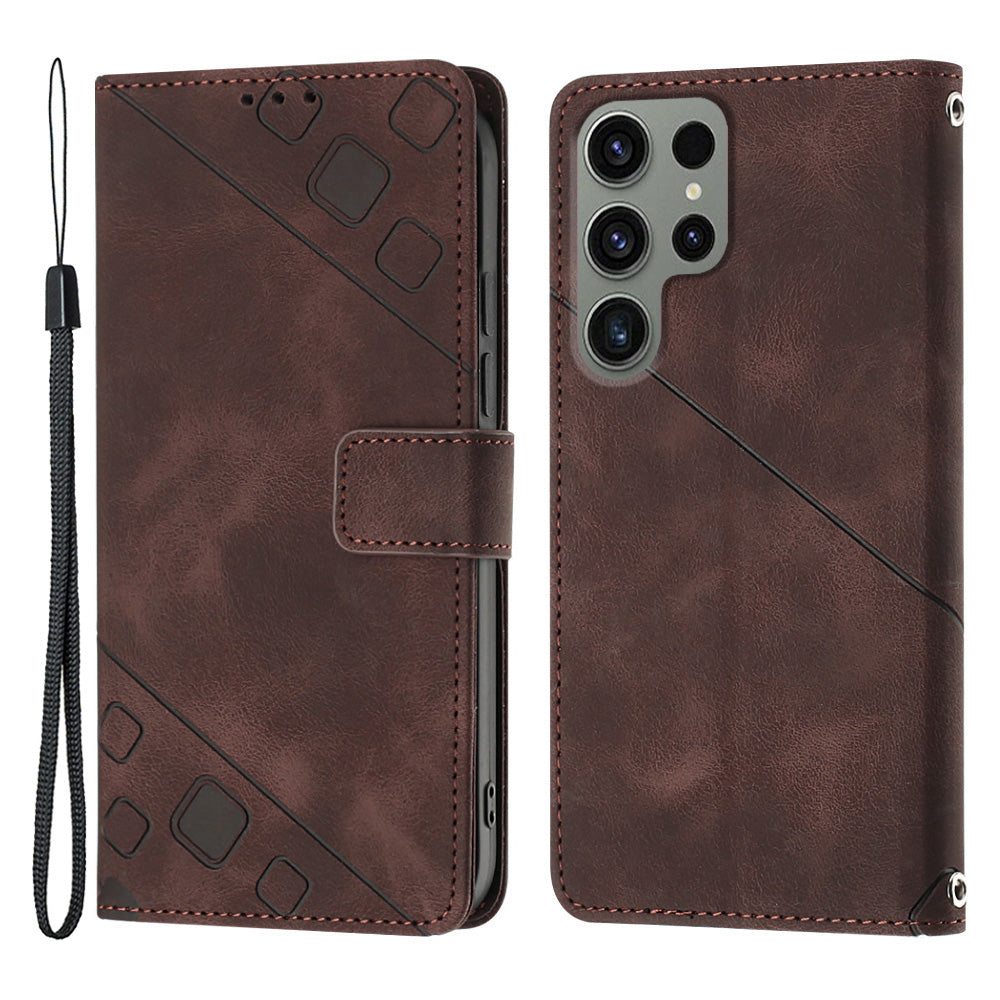 PT005 YB Imprinting Series-6 PU Leather Phone Case for Samsung Galaxy S23 Ultra Flip Folio Stand Wallet Cover