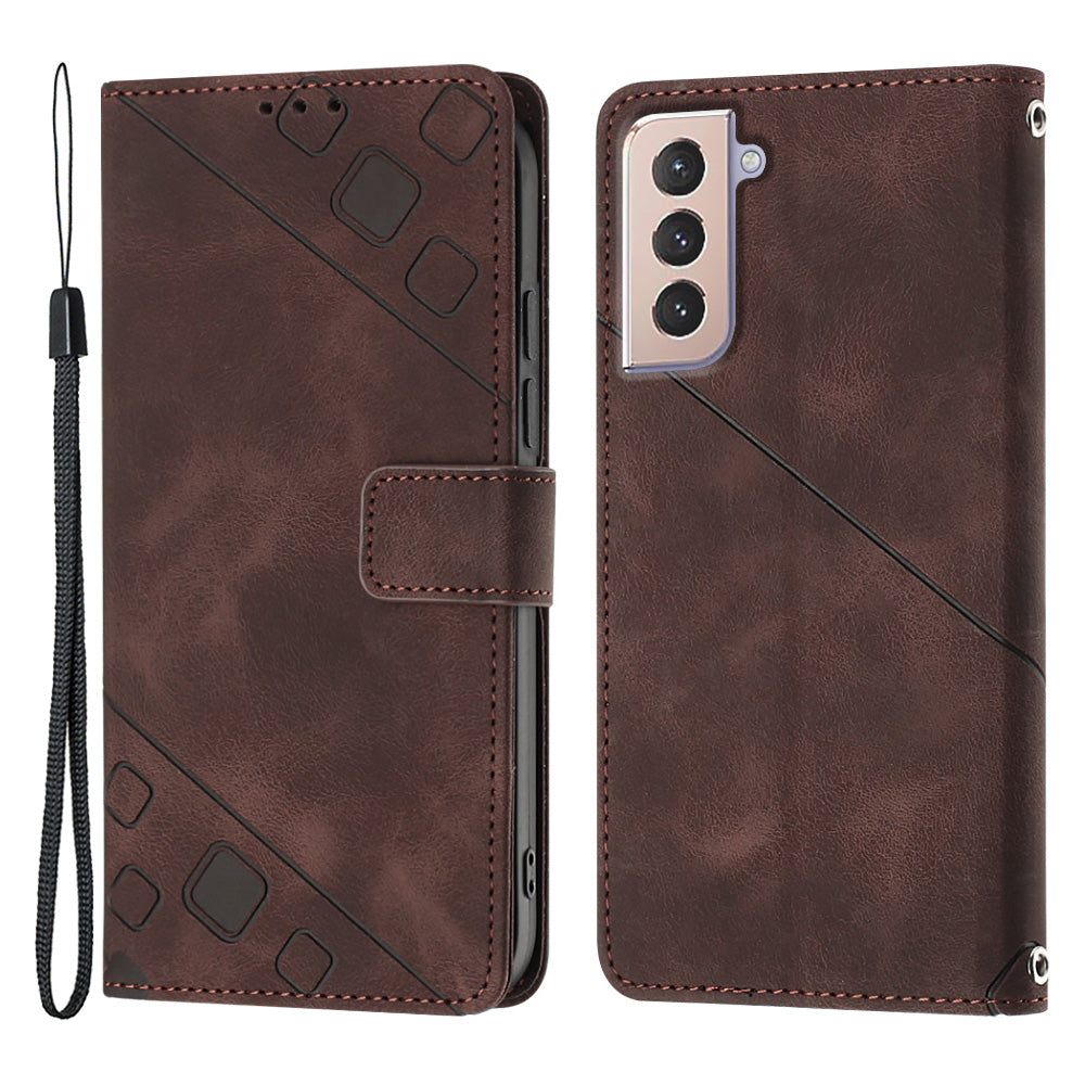 PT005 YB Imprinting Series-6 For Samsung Galaxy S21 5G PU Leather Stand Cell Phone Case Skin Touch Drop-proof Wallet Cover