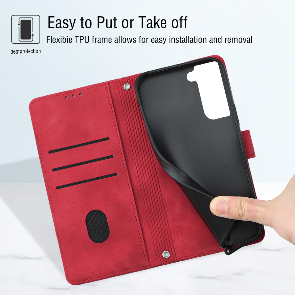PT005 YB Imprinting Series-6 For Samsung Galaxy S21 FE 5G Skin Touch PU Leather Mobile Phone Case Shockproof Wallet Cover with Stand
