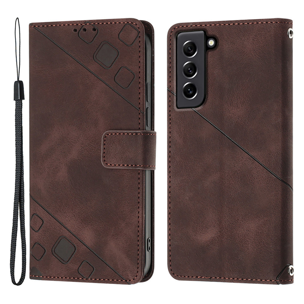 PT005 YB Imprinting Series-6 For Samsung Galaxy S21 FE 5G Skin Touch PU Leather Mobile Phone Case Shockproof Wallet Cover with Stand