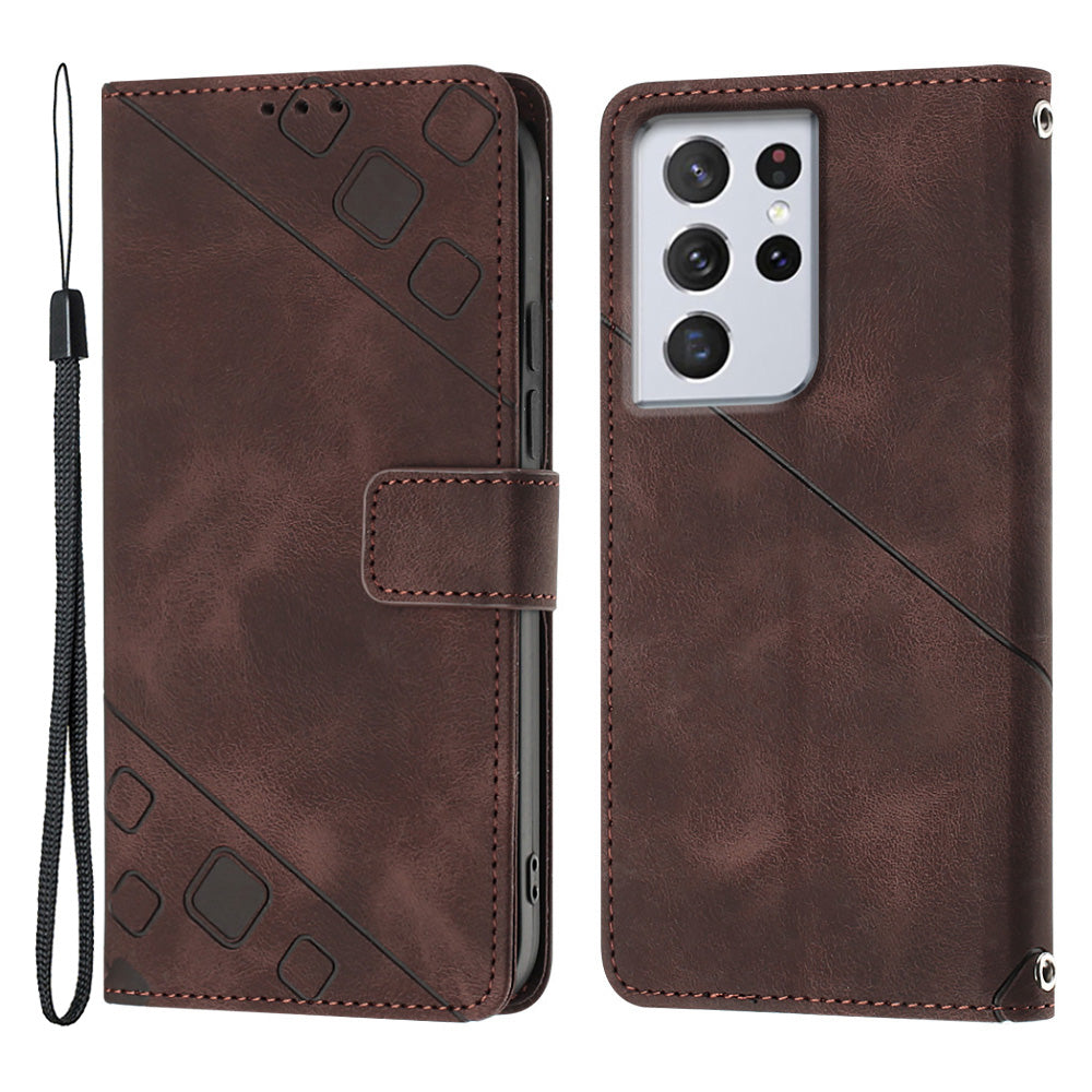 PT005 YB Imprinting Series-6 For Samsung Galaxy S21 Ultra 5G Skin Touch Phone Protective Shell Leather Stand Wallet Shockproof Case