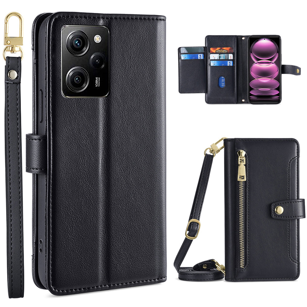 For Xiaomi Redmi Note 12 Pro Speed 5G Note 12 Pro 5G Poco X5 Pro 5G Zipper Pocket Phone Stand Case Card Slots Leather Phone Cover with Straps