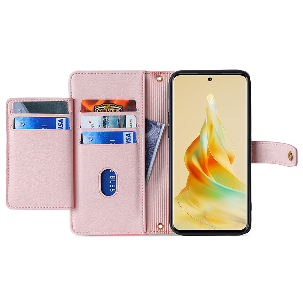 Zipper Pocket Phone Case for Oppo Reno8 T 4G Card Slots Leather Stand Phone Cover with Straps