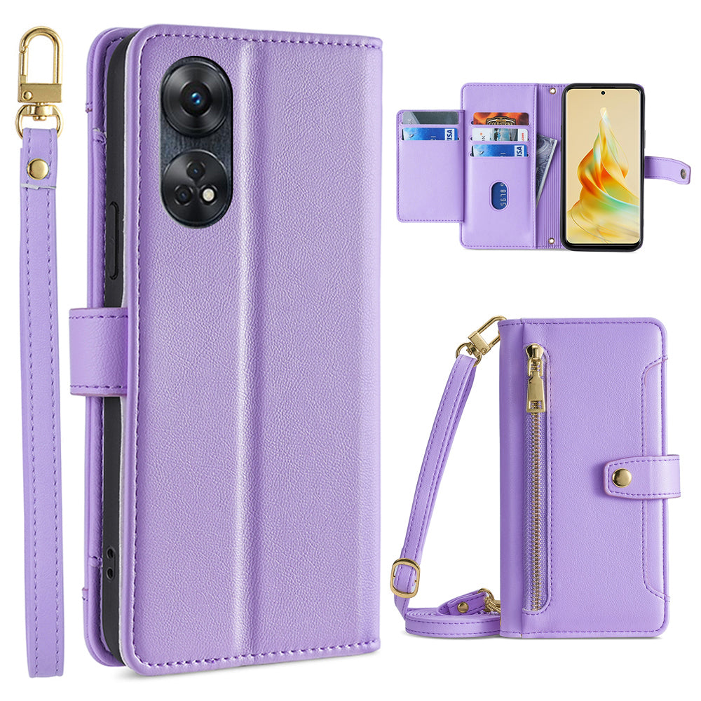 Zipper Pocket Phone Case for Oppo Reno8 T 4G Card Slots Leather Stand Phone Cover with Straps