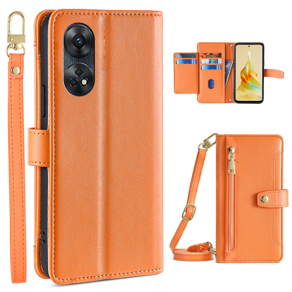 Zipper Pocket Phone Case for Oppo Reno8 T 4G Card Slots Leather Stand Phone Cover with Straps