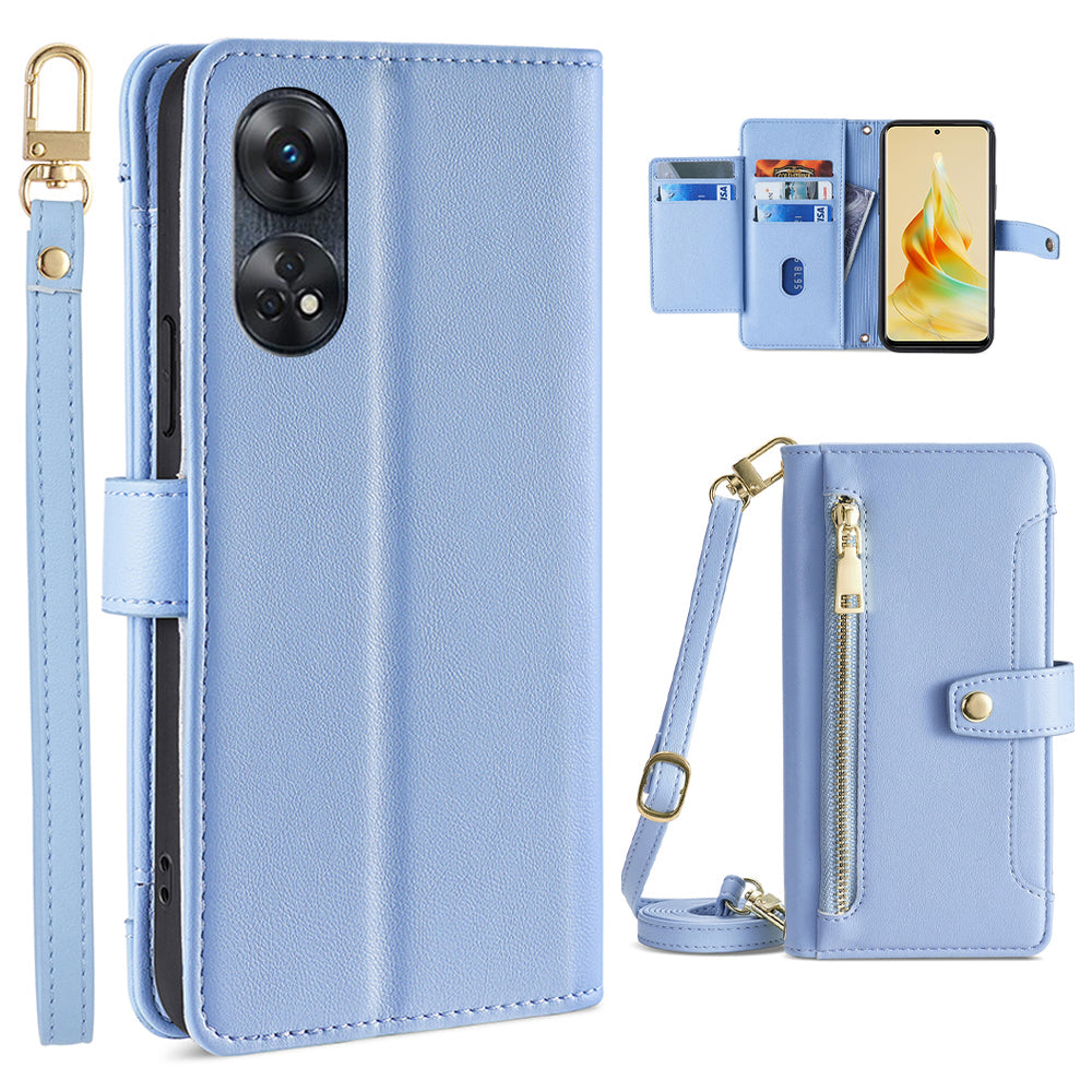 Zipper Pocket Phone Case for Oppo Reno8 T 4G Card Slots Leather Stand Phone Cover with Straps