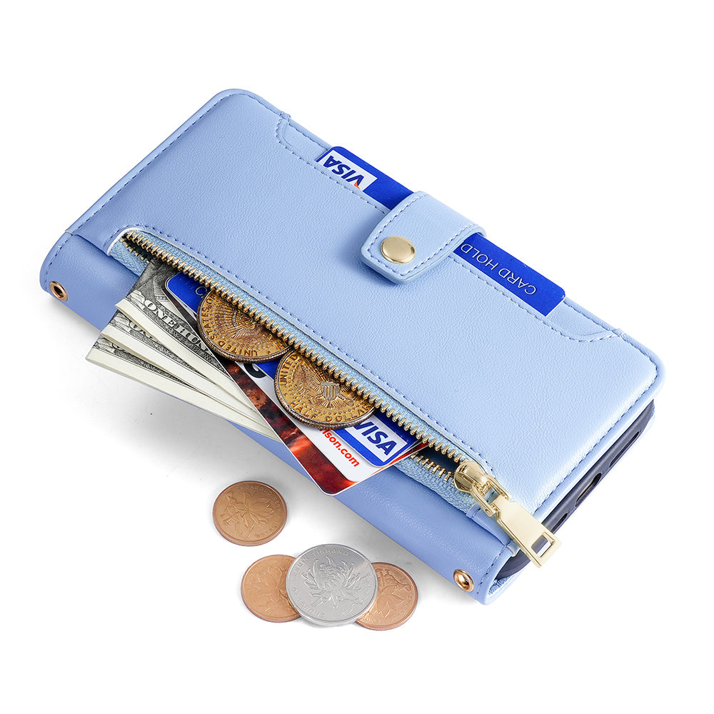 Zipper Pocket Phone Case for Oppo Reno8 T 4G Card Slots Leather Stand Phone Cover with Straps