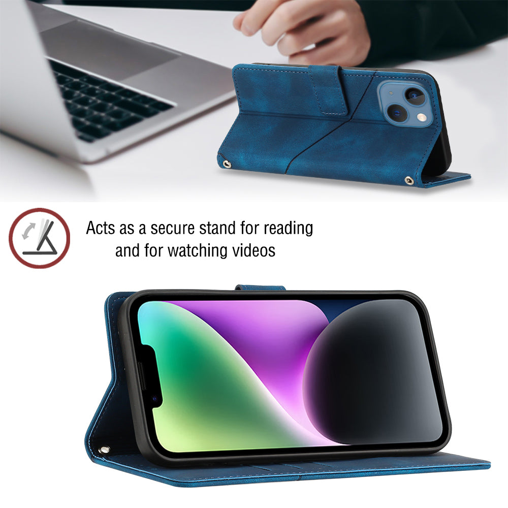 PT005 YB Imprinting Series-6 PU Leather Case for iPhone 14 Plus Skin Touch Wallet Stand Protective Cover