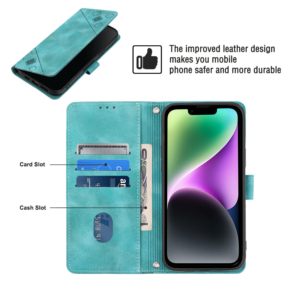 PT005 YB Imprinting Series-6 For iPhone 14 PU Leather Cover with Wallet Stand Skin Touch Phone Case