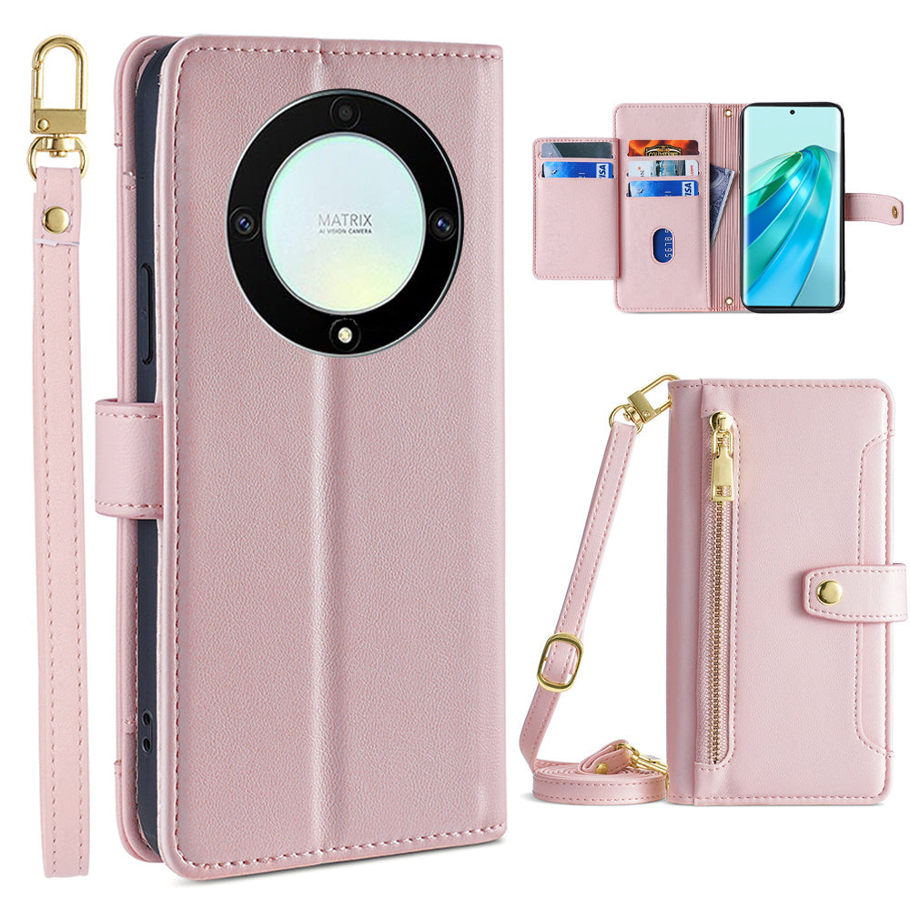 Phone Case for Honor X9a 5G X40 5G Magic5 Lite 5G PU Leather Zipper Pocket Card Slots Phone Cover with Straps