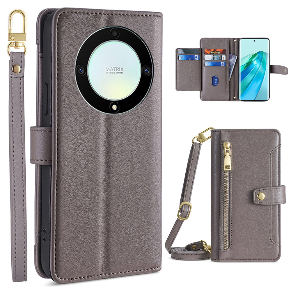 Phone Case for Honor X9a 5G X40 5G Magic5 Lite 5G PU Leather Zipper Pocket Card Slots Phone Cover with Straps