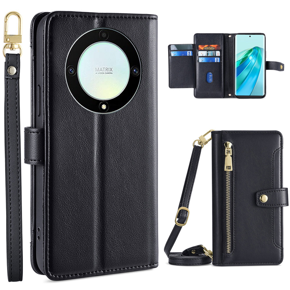 Phone Case for Honor X9a 5G X40 5G Magic5 Lite 5G PU Leather Zipper Pocket Card Slots Phone Cover with Straps