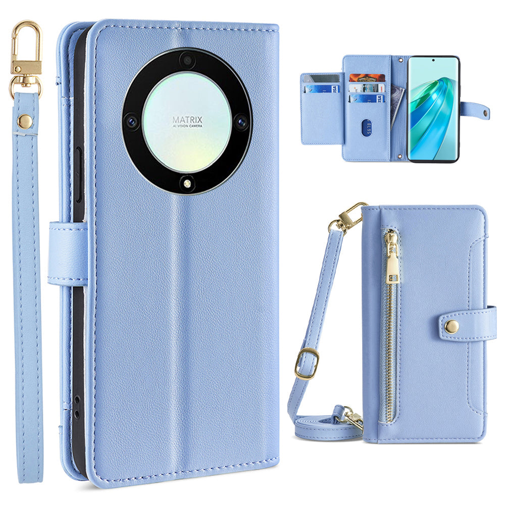 Phone Case for Honor X9a 5G X40 5G Magic5 Lite 5G PU Leather Zipper Pocket Card Slots Phone Cover with Straps