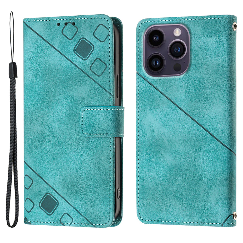 PT005 YB Imprinting Series-6 Leather Shell for iPhone 14 Pro Max Skin Touch Stand Wallet Shock-absorbing Case