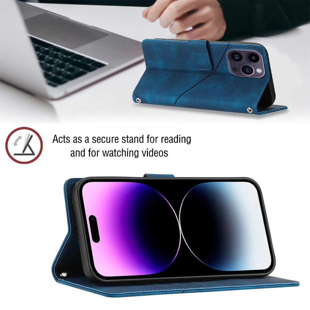 PT005 YB Imprinting Series-6 Leather Shell for iPhone 14 Pro Max Skin Touch Stand Wallet Shock-absorbing Case