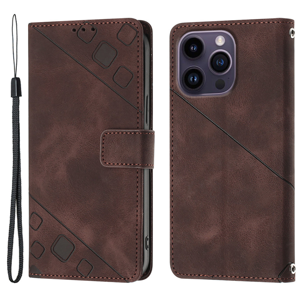 PT005 YB Imprinting Series-6 Leather Shell for iPhone 14 Pro Max Skin Touch Stand Wallet Shock-absorbing Case