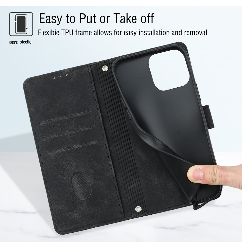 PT005 YB Imprinting Series-6 Leather Shell for iPhone 13 Pro 6.1 inch Anti-fall Skin Touch Stand Wallet Case