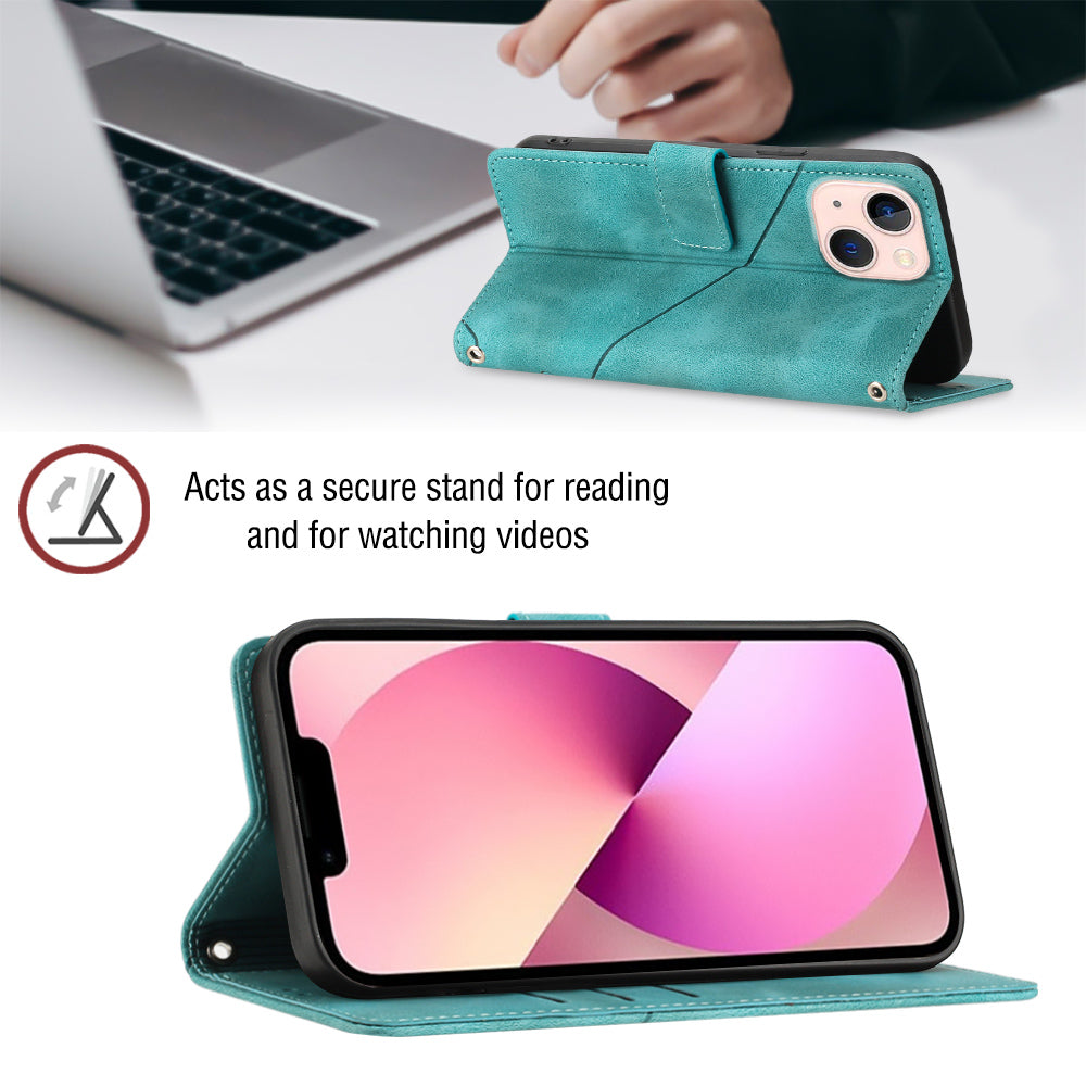 PT005 YB Imprinting Series-6 Protective Shell for iPhone 13 mini 5.4 inch Skin Touch Leather Wallet Case with Stand